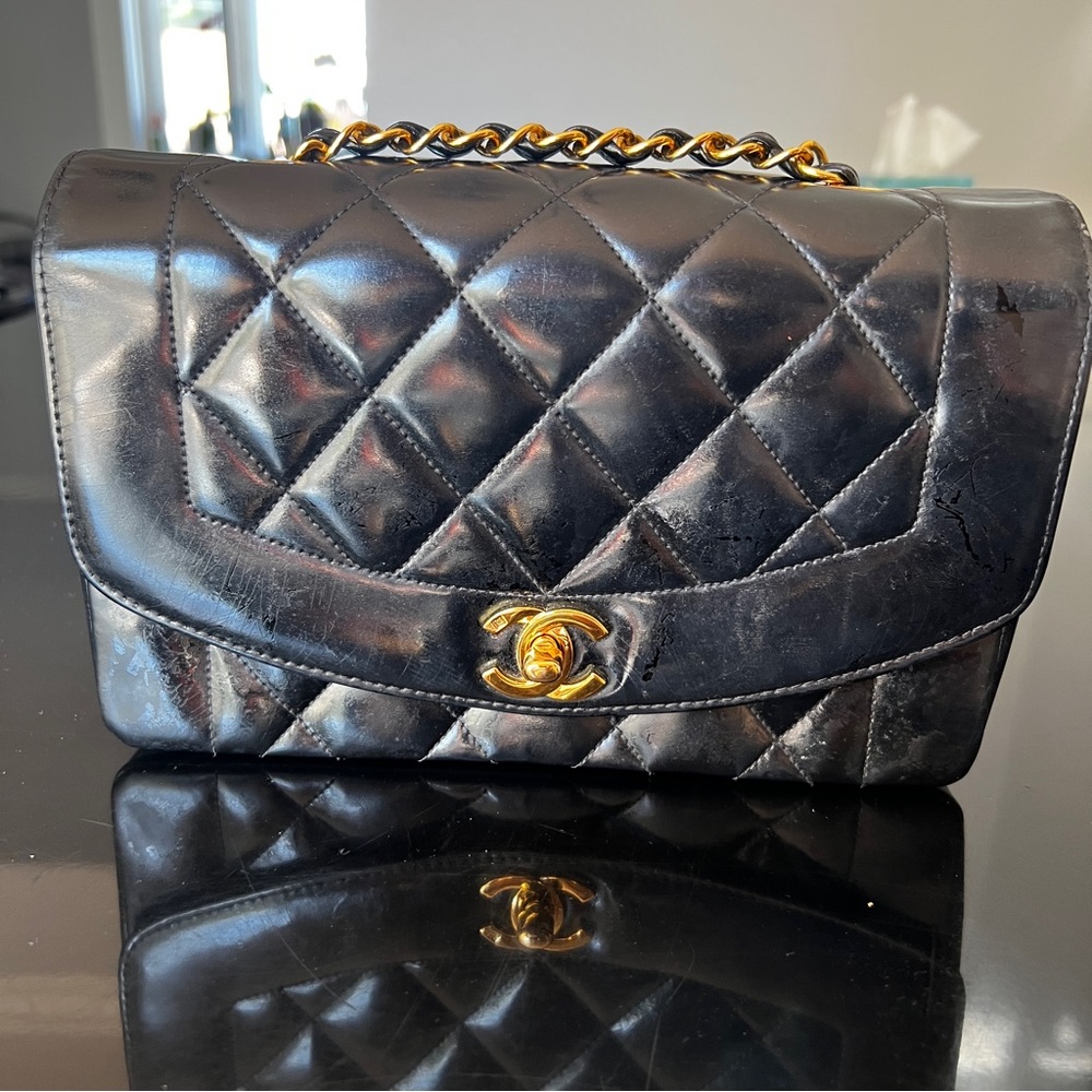 Chanel Vintage Diana Flap Bag Quilted Patent Leather Small